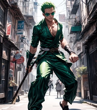 solo, Roronoa Zoro, the iconic character from the One Piece anime: "Generate a striking and highly detailed visual representation of the legendary martial artist, Roronoa Zoro, from the One Piece anime. Zoro is known for his distinctive appearance and formidable skills. His hair is a vibrant shade of green, complementing his determined brown eyes. He stands tall and resolute, exuding an air of strength and unwavering determination. Zoro is clad in his signature green outfit, complete with a white haramaki and a bandana. In his skilled hands, he wields a long staff, unique and finely detailed. The long staff should be a reflection of his mastery and the essence of his character. This image should capture the essence of Zoro's iconic appearance, showcasing his powerful presence and his status as one of the most beloved characters in the One Piece series, full body shot, blank background. " Photographic cinematic super high detailed super realistic image, 8k HDR super high quality image, masterpiece, perfect eyes, Zoro, ((perfect hands)), ((super high detailed image)), ((perfect long staff)),