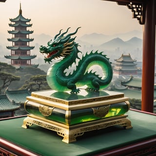 A majestic Green Jade Dragon rises from a velvet-lined jewel case, its scales glinting under soft, golden lighting. In the background, a blurred cityscape of ancient China's misty mountains and pagoda-topped rooftops. A delicate, ornate frame surrounds the dragon, adorned with intricate carvings of Chinese symbols. The atmosphere is one of mystique and otherworldly power.