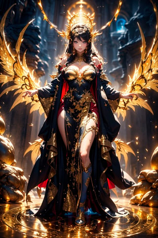 (masterpiece, top quality, best quality, official art, beautiful and aesthetic:1.2), solo, goddess, (smile), long hair, hanfu, long robe, crown, light of wings, full body shot, magic circle. The worlds greatest horde of treasure ever collected, epic proportions, (colorful), dreamlike, gold, jewelry, treasure, riches, pules of gold, gems, riches, treasure vault, biggest treasure in the world, extreme detailed, (abstract, fractal art:1.3), hyper detailed masterpiece, dynamic, awesome quality,