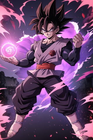 masterpiece, perfect, beutifull, full body,(Black Goku ssj rose, dragon ball) eyes greys, hair rose, perfect body,red belt, shirt black, pants black, angry face, smile ROSEV2,Muscle,Male focus,doomerboy, (goku balck)

<landscape, destroyed buildings, fire>