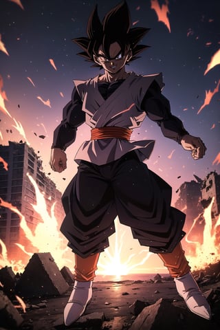 masterpiece, perfect, beutifull, full body,(Black Goku, dragon ball) eyes blacks, hair black, perfect body,red belt, shirt black, pants black, angry face, smile ROSEV2,Muscle,Male focus,doomerboy, (goku balck)

<landscape, destroyed buildings, fire>