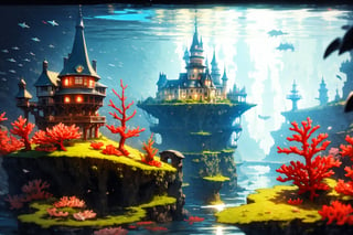 High quality, Masterpiece, Landscape, a fantasy castle under water, with luminescent corals and kelp forests, night