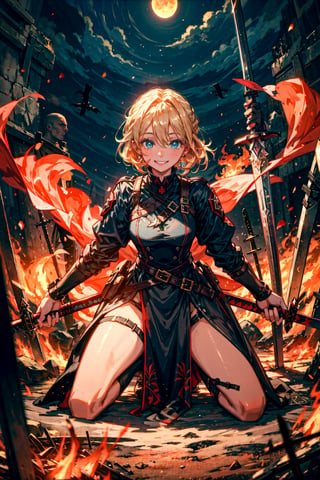 High quality, masterpiece, 1girl, sole_female,  brigth_blue_eyes, eyesgod, long dark_blonde, battle dress, kneeling on a battlefield, fire swords and corpses around her, sadistic smile,