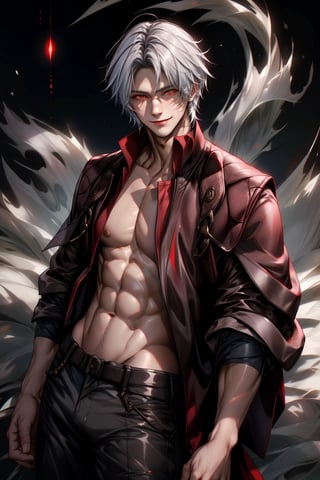 solo_male, high quality, masterpiece, 15 year old man, extremely handsome, long black luster hair, red eyes, devil_horns, shiny white skin, perfect abs, strong arms, broad shoulders, Chinese dress, seductive smile, asian facial features, looking at the viewer,Nine-tailed fox , ancient_beautiful,1guy,Beautiful Nine-tailed fox, wrench_genshin_style,DanteClothes,DMC5Dante