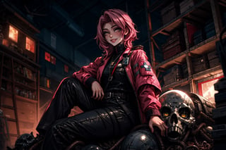 High quality, masterpiece, 1boy, shiny dark pink hair, amber_eyes, plague time medic suit, sitting on a pile of corpses with a wicked smile
