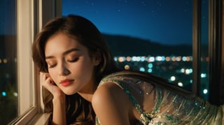 a beauty woman sleeping beside the window at night, perfect girl, dress, super details