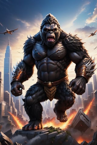 (King Kong , black hair , axe in  hand , warrior power , angry face , fighting stance , black eyes ) , airplanes on sky , background in the big city , 8k, realistic , vibrant , ultra HD , 3D