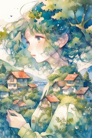 

cute,anime,mix,watercolor \(medium\),(The girl's head is decorated with whimsical illustrations of houses, swallows), trees and hills in green tones, evoking the charm of a charming rural landscape. The background blends in with her hair, exuding an air of tranquility and creating a harmonious composition that captures the beauty of nature. The illustration symbolizes the harmony between humans and the environment, focusing on the face. ((White background))