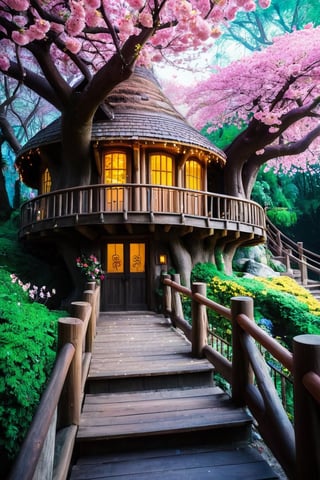 A captivating image of a tree house nestled in a dense forest, reminiscent of a magical fairyland. The tree house is built around a massive, ancient tree and is adorned with vibrant, colorful flowers and foliage. Fairy lights twinkle around the structure, and a tiny wooden bridge leads to the entrance. The atmosphere is enchanting, with a sense of wonder and delight.A row of cherry blossom trees in full bloom crowded with office workers going to work and students going to school, The shadow is long, Morning light, the sun is low