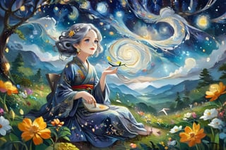 Masterpiece, 4K, ultra detailed, ((solo)), anime impressionism art style, elegant mature woman with beautiful detailed eyes and glamorous makeup, long flowy gray hair, finely detailed earrings, sitting in a flowering forest, swirling starry night, more detail XL, SFW, depth of field,ukiyoe,glitter,colorful,oil painting