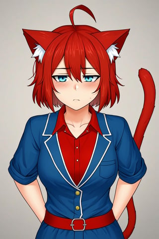 Generate an artwork featuring a youthful teacher with vibrant red hair and blue eyes. They exude a tired yet friendly demeanor, dressed casually in red teacher's attire. Sprouting from their head are fluffy red cat ears, and behind them, a matching red cat tail sways gently. Capture the essence of warmth, approachability, and a hint of whimsy in this portrayal.
