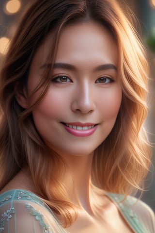 Beautiful woman, soft lighting, dreamy atmosphere, ethereal, high detail, portrait, elegant, delicate features, pastel colors, emotional expression, masterpiece, 8k resolution, Extremely high-resolution details, photographic, realism pushed to extreme, fine texture, incredibly lifelike, looking at viewer, solo focus, realistic, photorealistic, face details, real face, detailed eyes, detailed nose, 1girl, smile, brown hair,