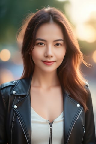 Beautiful woman, high detail, portrait, elegant, delicate features, emotional expression, masterpiece, 8k resolution, Extremely high-resolution details, realism pushed to extreme, fine texture, incredibly lifelike, looking at viewer, solo focus, realistic, photorealistic, cinematic lighting, sun light, ultra realistic photograph, pastel background with pastel bokeh, Exquisite details and textures, grainy, analog photography, film, light dreamy haze film grain effect, face details, real face, She is wearing a leather jacket with a zipper, a bodysuit, and leather pants. The outdoor setting has a blurry background, wears a belt, 1girl, smile,