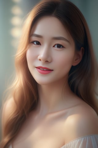 Beautiful woman, soft lighting, dreamy atmosphere, ethereal, high detail, portrait, elegant, delicate features, pastel colors, emotional expression, masterpiece, 8k resolution, Extremely high-resolution details, photographic, realism pushed to extreme, fine texture, incredibly lifelike, looking at viewer, solo focus, realistic, photorealistic, face details, real face, detailed eyes, detailed nose, 1girl, smile, brown hair,