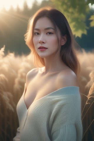 Beautiful woman, soft lighting, dreamy atmosphere, ethereal, high detail, portrait, elegant, delicate features, pastel colors, emotional expression, masterpiece, 8k resolution, Extremely high-resolution details, photographic, realism pushed to extreme, fine texture, incredibly lifelike, looking at viewer, solo focus, realistic, photorealistic, cleavage, thin waist, off shoulder swater, oversize sweater, field grass, maple trees, golden hour, film grain, 1girl,