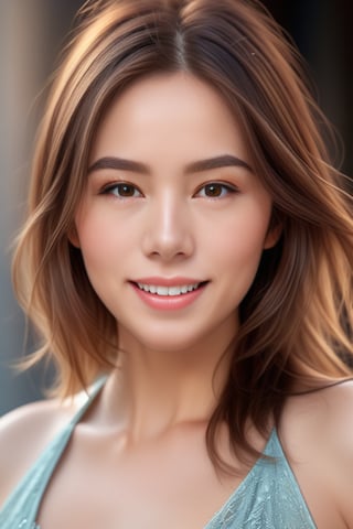 Beautiful woman, high detail, portrait, elegant, delicate features, emotional expression, masterpiece, 8k resolution, Extremely high-resolution details, realism pushed to extreme, fine texture, incredibly lifelike, looking at viewer, solo focus, realistic, photorealistic, ultra realistic photograph, Exquisite details and textures, grainy, face details, real face, smile,1girl, brown hair,
