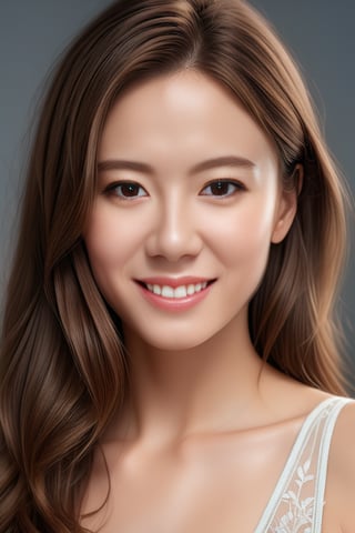 Beautiful woman, high detail, portrait, elegant, delicate features, emotional expression, masterpiece, 8k resolution, Extremely high-resolution details, realism pushed to extreme, fine texture, incredibly lifelike, looking at viewer, solo focus, realistic, photorealistic, ultra realistic photograph, Exquisite details and textures, grainy, face details, real face, smile,1girl, brown hair,