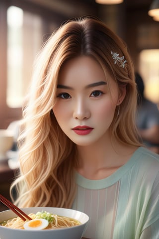 Beautiful woman, soft lighting, ethereal, high detail, portrait, elegant, delicate features, pastel colors, emotional expression, masterpiece, 8k resolution, Extremely high-resolution details, photographic, realism pushed to extreme, fine texture, incredibly lifelike, looking at viewer, solo focus, realistic, photorealistic, 1girl, perfect face, multiple girls, shirt, sitting, food, multiple boys,  indoors, cup, lips, table, bowl, chopsticks, egg, noodles, ramen, restaurant, pov across tablelong hair, 