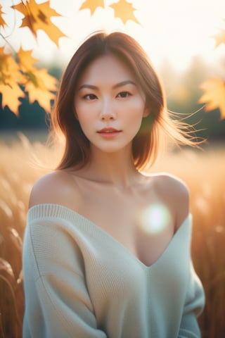 Beautiful woman, high detail, portrait, elegant, delicate features, emotional expression, masterpiece, 8k resolution, Extremely high-resolution details, realism pushed to extreme, fine texture, incredibly lifelike, looking at viewer, solo focus, realistic, photorealistic, cinematic lighting, sun light, ultra realistic photograph, pastel background with pastel bokeh, Exquisite details and textures, grainy, analog photography, film, light dreamy haze film grain effect, face details, real face, cleavage, thin waist, bare shoulder swater, oversize sweater, field grass, maple trees, golden hour, 1girl,