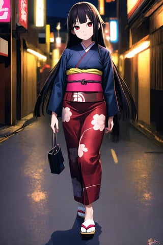 (masterpiece, best quality), Enma Ai, 1girl, solo, japanese clothes, long hair, red eyes, Walking through the streets of Japan at night,full_body