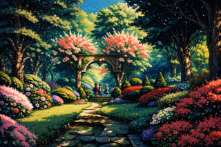 High quality, masterpiece, a large garden with trees and flowers of all kinds and in the center of it the flowers form a heart,PixelArt,Retro,rayearth
