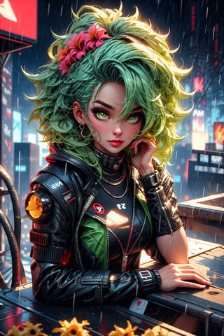 High quality, masterpiece, 1 girl, sole female, unkempt bright green hair, blue_irises, sexy cyberpunk style clothing,on a roof with flowers, sitting at a table, raining, full_body,3D MODEL,2.5~3D