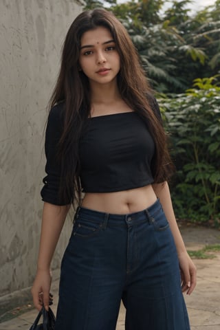 1girl, Kerala beautiful women 18 years old, solo, long hair, brown hair, shirt, t  shaped navel, outdoors, pants, sandals, denim, jeans,  photo background, black mask face 