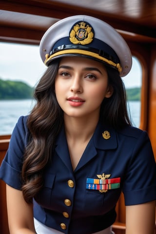 (majestic:1.5), hyper realistic, highly detailed, uhd:1.3, RAW photo, A vibrant teenage  indian navy girl, 18 years old, very fair complexion, pale skin:1.3, ( kriti sannon:1.2), (shraddha kapoor:0.8), , perfect natural extra large-medium breasts, with long black hair, detailed and shinning glossy lips, detailed nose, detailed teeth, detailed glossy lips, drive  a large_boat , seducative pose,  river,lake,reflection \(on lake\),navy boat,girl focus,[cluttered maximalism] BREAK settings: (rule of thirds1.3),perfect composition,studio photo,trending on artstation,depth of perspective,(Masterpiece,Best quality,32k,UHD:1.4),(sharp focus,high contrast,HDR,hyper-detailed,intricate details,ultra-realistic.The soft lighting and rustic wooden flooring create a cozy atmosphere, while the army uniform,(navy blue shirt and pants),smile ,full body view, adds a pop of vibrancy to the scene., extremely detailed surroundings, intricately detailed, very natural, very photorealistic , full-body_portrait, 