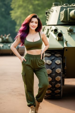 (majestic:1.5), hyper realistic, highly detailed, uhd:1.3, RAW photo, A vibrant teenage  army girl, 18 years old, very fair complexion, pale skin:1.3, ( kriti sannon:1.2), (shraddha kapoor:0.8), cute cleavage visible, perfect natural extra large-medium breasts, with long black hair, detailed and shinning glossy lips, detailed nose, detailed teeth, detailed glossy lips, driving  warm-toned army tank, atteck pose,   Her colourful hair takes center stage as she dances playfully, her eyes sparkling with joy.The soft lighting and rustic wooden flooring create a cozy atmosphere, while the army uniform,(heavy dark green shirt and pants)smile ,full body view, adds a pop of vibrancy to the scene., extremely detailed surroundings, intricately detailed, very natural, very photorealistic , full-body_portrait, atteck on enimies