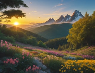 vibrant mountain filled with trees  and flowers with sun rising between mountains