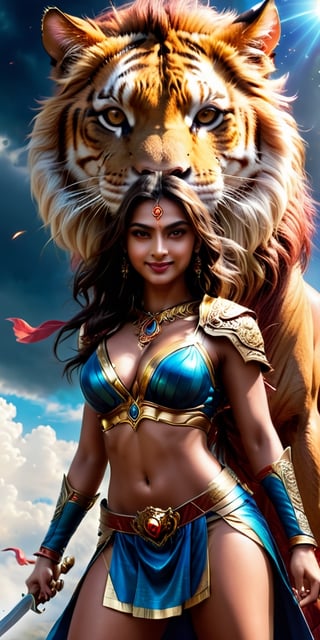 fight a tiger in the sky, indian goddess, hindu goddess, lion shake Wing, lion fly in sky, full body, charm and hot girl dark theam,  rosy lips,the girl caught the end of the sword, smile, ready to kill, APEX SUPER REAL FACE XL ,hyper real extra effect add , add_more_creative