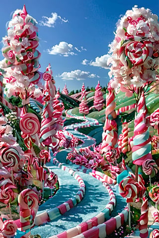 A whimsical landscape dominated by pink and white candy-themed elements. A winding pathway made of candy stripes leads the viewer's eye through rolling hills covered in pink fluffy trees. These trees have a unique structure, resembling both trees and candy. In the background, there's a massive pink flower with a spiral center, and the entire scene is set against a backdrop of a clear blue sky with fluffy white clouds.