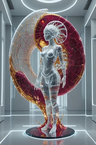 Front view of a museal sculpture displayed on a futuristic female no_clothes in the white room inside a futuristic museum. BREAK The artwork is an amazing and captivating glass abstract sculpture, with a sea nautilus shell, decorated with small rubies, (kinetic elements:1.4), glow, spark. Golden theme. Abstract fractal AI generated shape, sharp details, intricate and thick golden wireframes. Highest quality, detailed and intricate, original artwork, trendy, award-winning, artint, noc-wfhlgr, art_booster. BREAK wide shot, sharp focus, bright white room