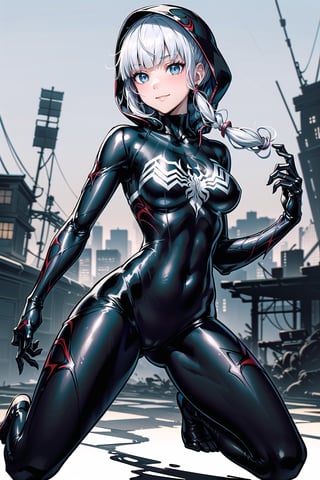 Prompt: ((masterpiece, detailed,perfect5_fingered, perfect hands, betterhands, detailed background)),looking_at_viewer,(((from front)))_,front),smile,blush,closed_mouthbreasts, large_breasts,thick_thighs, hair_ornament, braid, very_long_hair, braided_ponytail, cleavage
(((Spider web in background)))
((((Wearing full body venomsuit))))
(((In street)))
((((Six pack))))
Strong body
(((Visible face)))
((Spider position))
(((Hood)))
((Spider web in background))
((((Detailed venom suit))))
((Night))
((White skin))
((Clothes black and white))
White hair
((Long hair))
  blue eyes
((Wearing venom suit)) 
Hot boddy
Detailed face
High quality eyes
Have a distance from camera
Skinny 
((Black and white venomsuit))
Hands on ass
Empty hands
Sexy style
Hot ,venom suit,venom custom, kamisato_ayaka,CARTOON_MARVEL_she_venom_ownwaifu