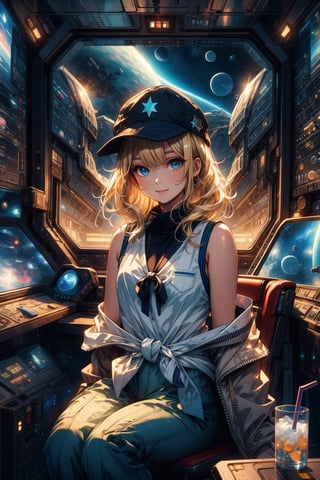 High quality, masterpiece, 1 girl, sleeveless cotton blouse with a low neck showing some chest, work pants, a sweatshirt tied at the waist, cap backwards, floating inside a spaceship with a drink, shiny long blonde hair, blue eyes, sitting in front of a window that overlooks space, a beautifull smile