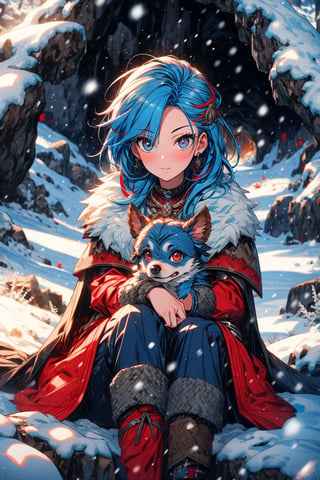 High quality, masterpiece, 1girl, midjourney, eyesgod, niji, perfect light, snake_eyes, brigth_red_puppils, ligth blue hair, sitting in a cave with shining crystals, viking, lying on the snow covered ground,portrait