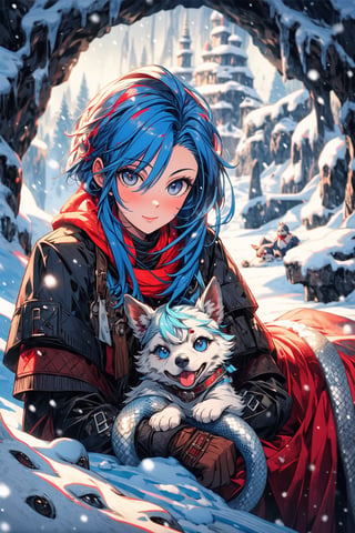 High quality, masterpiece, 1girl, midjourney, eyesgod, niji, perfect light, snake_eyes, brigth_red_puppils, ligth blue hair, sitting in a cave with shining crystals, viking, lying on the snow covered ground