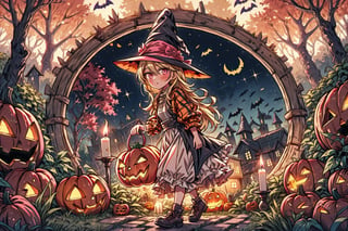 High quality, masterpiece, 1girl, sole_female, unkept bright blonde hair, dazzling pink eyes, dressed as a scarecrow, walking through a garden of carved pumpkins with candles inside them,halloween