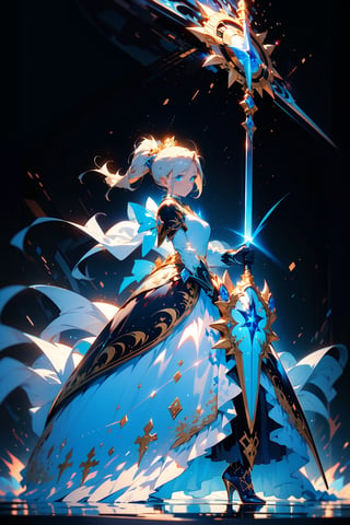 highly detailed, high quality, masterpiece, beautiful (entire plane shot), 
A girl will wear shining golden armor. Her hair is pulled back into a blonde ponytail and her eyes are a beautiful light blue shade. He wields a shield and sword, a battle pose
