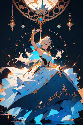 highly detailed, high quality, masterpiece, beautiful (entire plane shot), 
A girl will wear shining golden and whit lion armor. Her hair is pulled back into a blonde ponytail and her eyes are a beautiful light blue shade. She wields  shield and sword,wrenchfaeflare