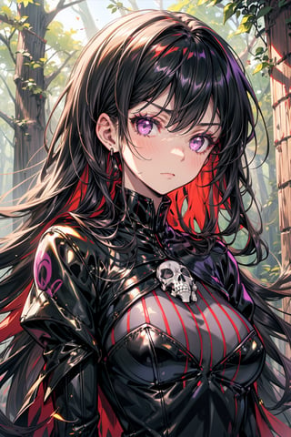 a necromancer girl with black hair, purple eyes, a black dress and powers of darkness, with a serious expression,  she would be summoning skeletons.  se encuentra en un bosque. manos perfectas
se le ve el cuerpo completo