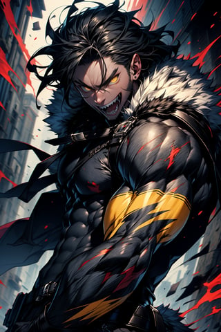 highly detailed, high quality, masterpiece, beautiful (whole body shot), 
a human boy, white, black hair, yellow eyes, has fangs and claws, wearing a fur suit