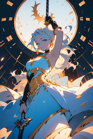 highly detailed, high quality, masterpiece, beautiful (entire plane shot), 
A girl will wear shining golden and whit lion armor. Her hair is pulled back into a blonde ponytail and her eyes are a beautiful light blue shade. She wields  shield and sword,wrenchfaeflare