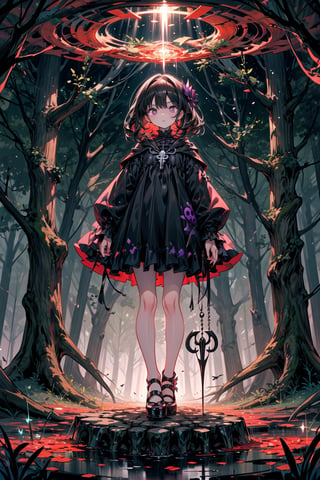 a necromancer girl with black hair, purple eyes, a black dress and powers of darkness, with a serious expression,  she would be summoning skeletons.  se encuentra en un bosque. manos perfectas
