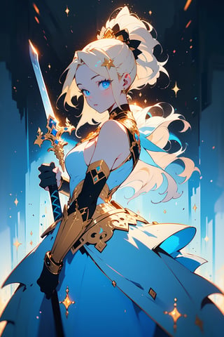 highly detailed, high quality, masterpiece, beautiful (entire plane shot), 
A girl will wear shining golden and whit lion armor. Her hair is pulled back into a blonde ponytail and her eyes are a beautiful light blue shade. He wields  shield and sword