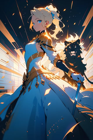 highly detailed, high quality, masterpiece, beautiful (entire plane shot), 
A girl will wear shining golden and whit lion armor. Her hair is pulled back into a blonde ponytail and her eyes are a beautiful light blue shade. He wields  shield and sword
