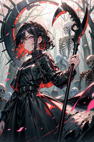 a necromancer girl with black hair, purple eyes, a black dress and powers of darkness, with a serious expression,  she would be summoning skeletons.  se encuentra en un bosque. manos perfectas
se le ve el cuerpo completo, usa una scythe de arma