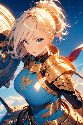 highly detailed, high quality, masterpiece, beautiful (entire plane shot), 
A girl will wear shining golden armor. Her hair is pulled back into a blonde ponytail and her eyes are a beautiful light blue shade. He wields a shield and sword, a defense pose