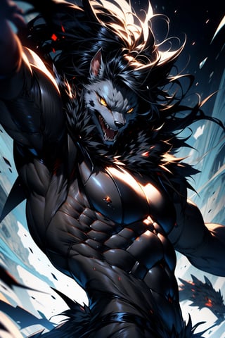 highly detailed, high quality, masterpiece, beautiful (whole body shot), 
a human boy, white, black hair, yellow eyes, has fangs and claws, wearing a fur suit