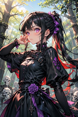 a necromancer girl with black hair, purple eyes, a black dress and powers of darkness, with a serious expression,  she would be summoning skeletons.  se encuentra en un bosque. manos perfectas
